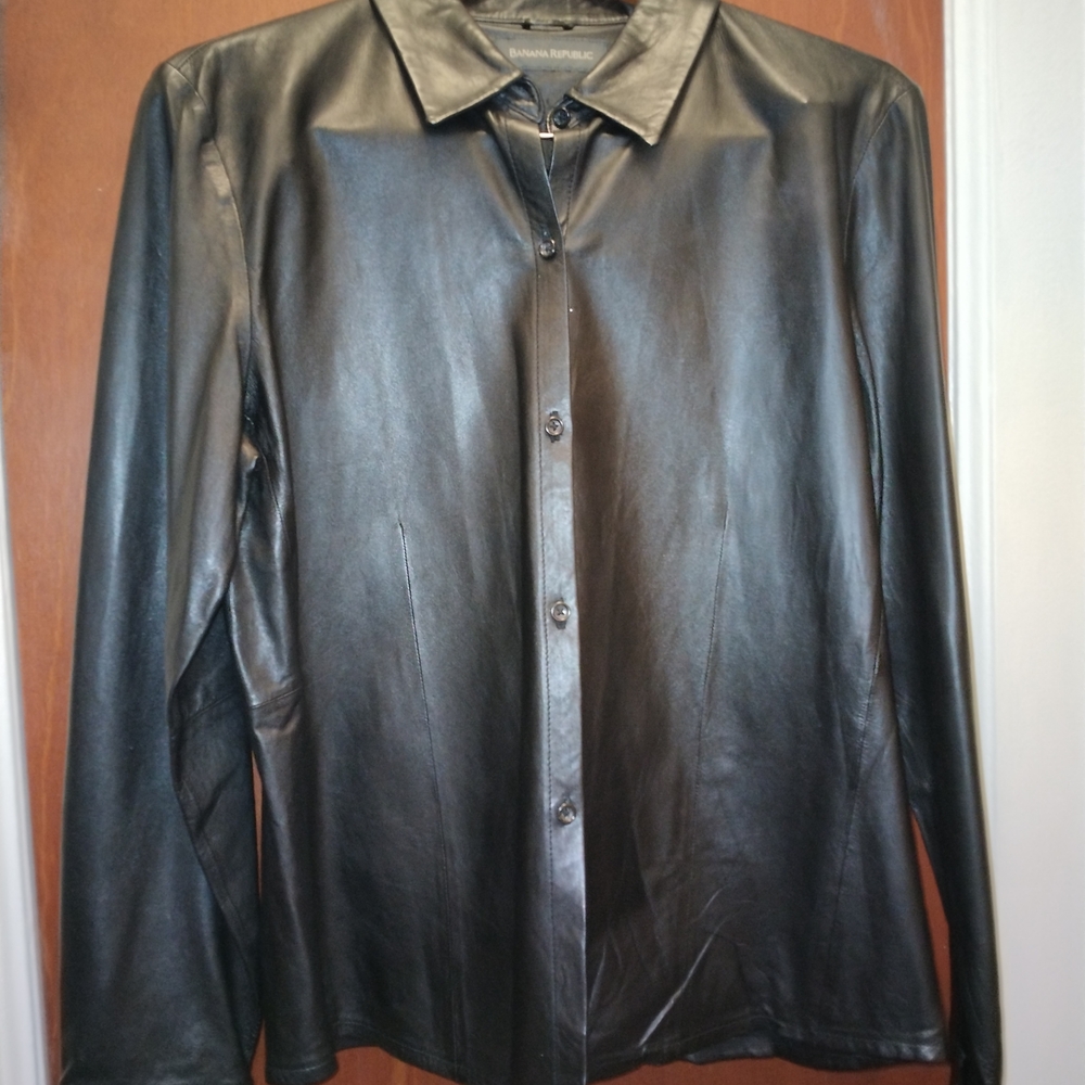 New Banana Republic Black Leather Button-Up Shirt